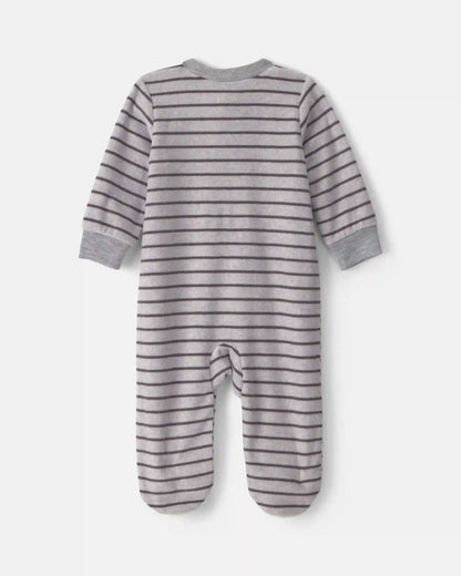 Baby Boy Monster Striped Fleece 2-Way Zip Sleep & Play Pajamas - Grey