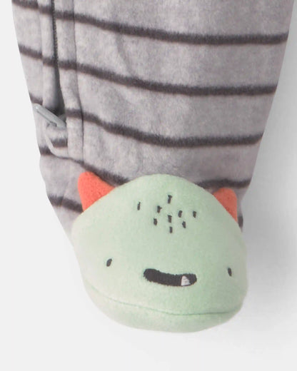 Baby Boy Monster Striped Fleece 2-Way Zip Sleep & Play Pajamas - Grey