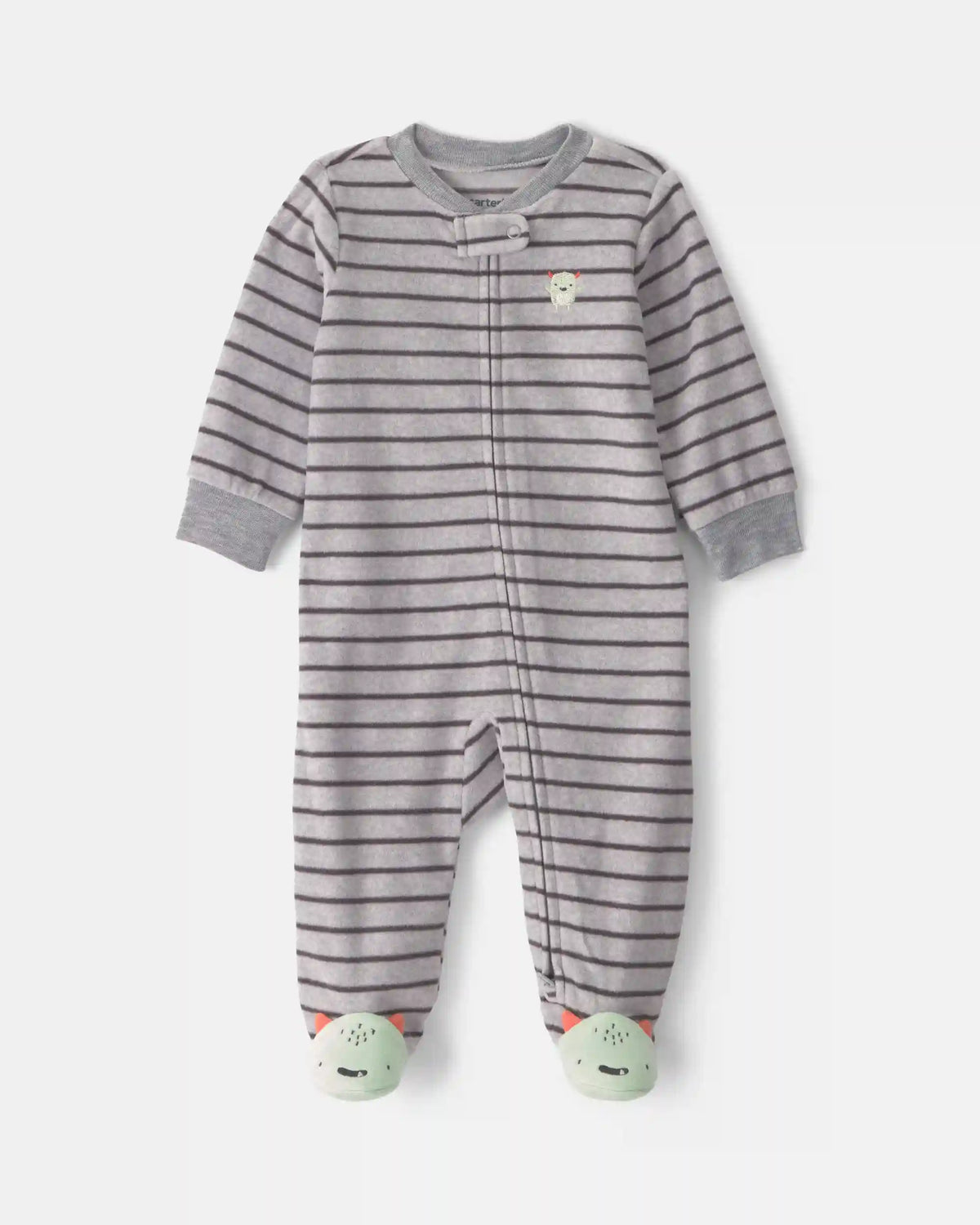 Baby Boy Monster Striped Fleece 2-Way Zip Sleep & Play Pajamas - Grey