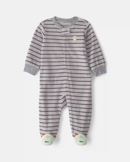 Baby Boy Monster Striped Fleece 2-Way Zip Sleep & Play Pajamas - Grey