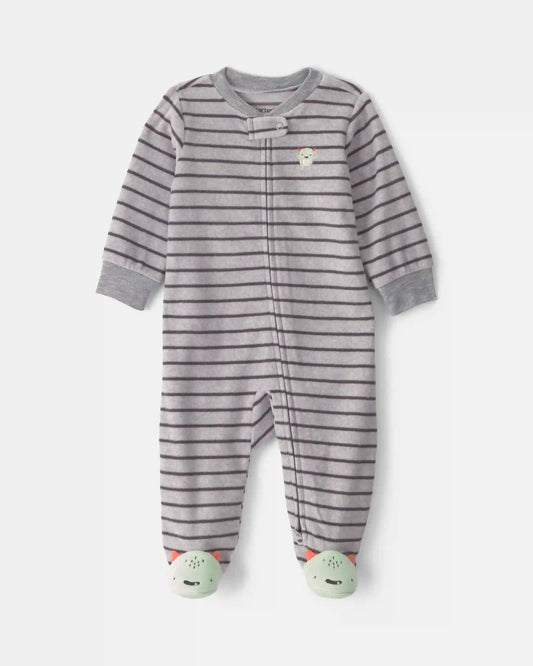 Baby Boy Monster Striped Fleece 2-Way Zip Sleep & Play Pajamas - Grey