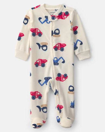 Baby Boy Construction 2-Way Zip DreamPlush Sleep & Play Pajamas - Cream