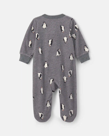 Baby Boy Penguin Fleece 2-Way Zip Sleep & Play Pajamas - Grey