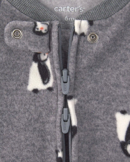 Baby Boy Penguin Fleece 2-Way Zip Sleep & Play Pajamas - Grey