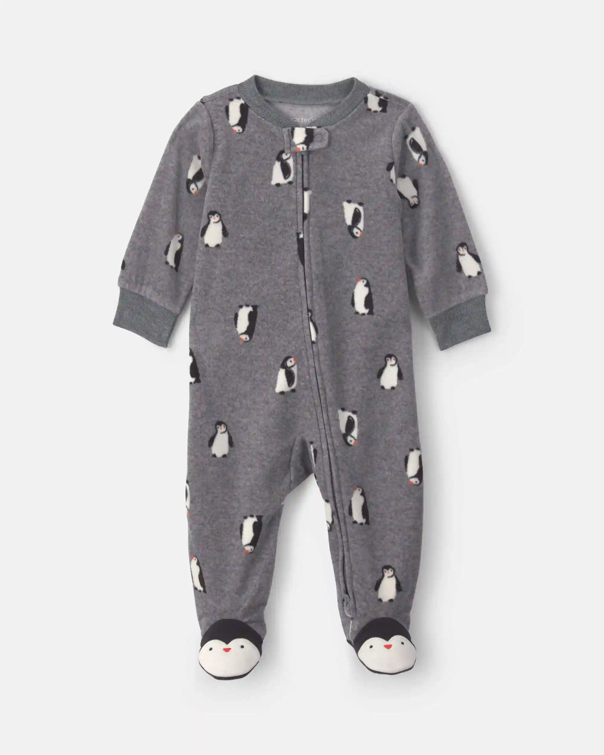 Baby Boy Penguin Fleece 2-Way Zip Sleep & Play Pajamas - Grey