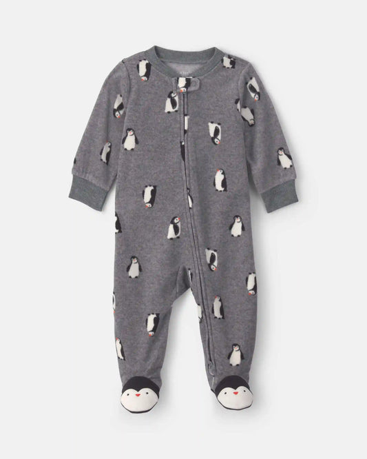 Baby Boy Penguin Fleece 2-Way Zip Sleep & Play Pajamas - Grey
