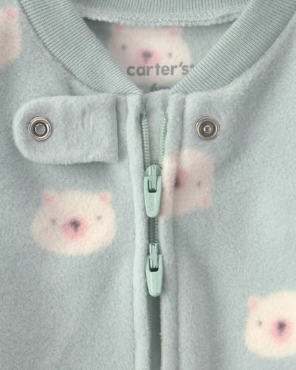 Baby Girl Bear Fleece 2-Way Zip Sleep & Play Pajamas - Green