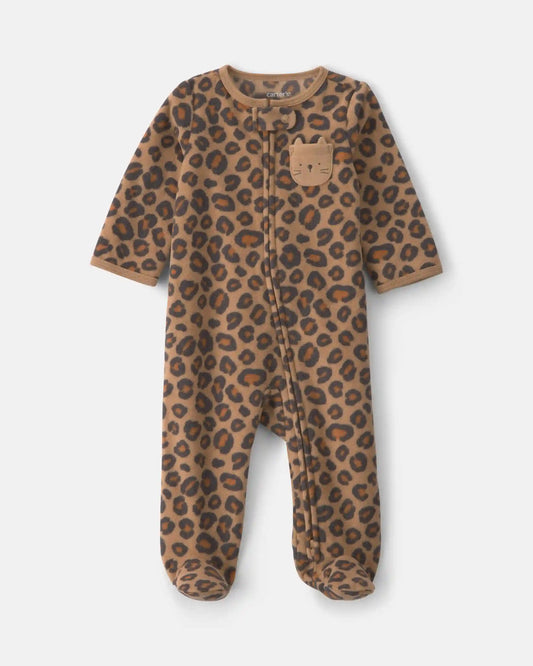 Baby Girl Leopard Fleece 2-Way Zip Sleep & Play Pajamas - Brown
