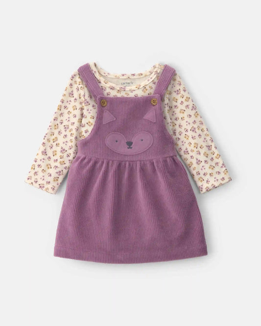 Baby Girl 2-Piece Fox Velvety Long-Sleeve Dress Set - Purple/Cream
