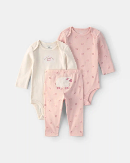 Baby Girl 3-Piece Sheep Long-Sleeve Bodysuit & Pant Set - Pink/Cream