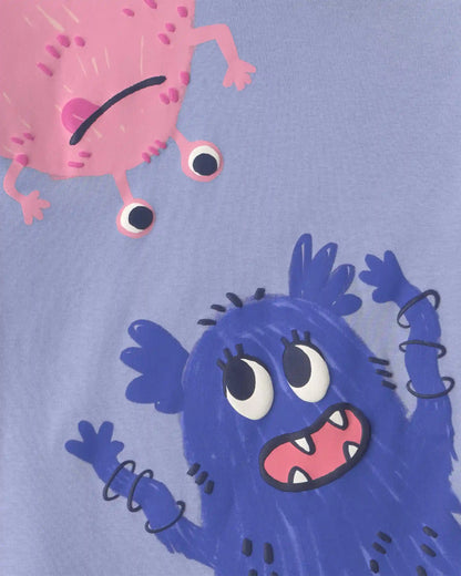 Baby Girl 4-Piece Monster 100% Cotton Snug Fit Pajama Set - Blue/Cream