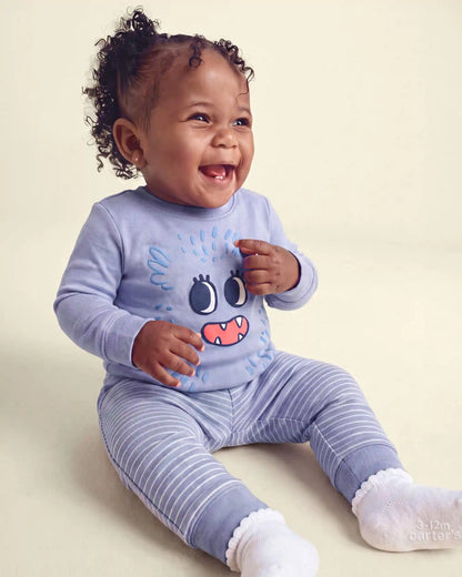 Baby Girl 4-Piece Monster 100% Cotton Snug Fit Pajama Set - Blue/Cream