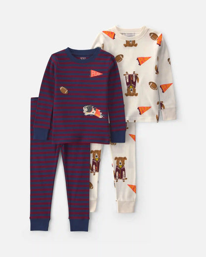 Baby Boy 4-Piece Dog Striped 100% Cotton Snug Fit Pajama Set - Burgundy/Cream