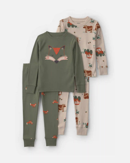 Baby Boy 4-Piece Fox 100% Cotton Snug Fit Pajama Set - Green/Cream