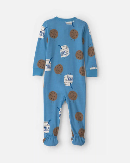 Baby Boy 1-Piece Milk & Cookies 2-Way Zip 100% Cotton Snug Fit Footed Pajama - Blue