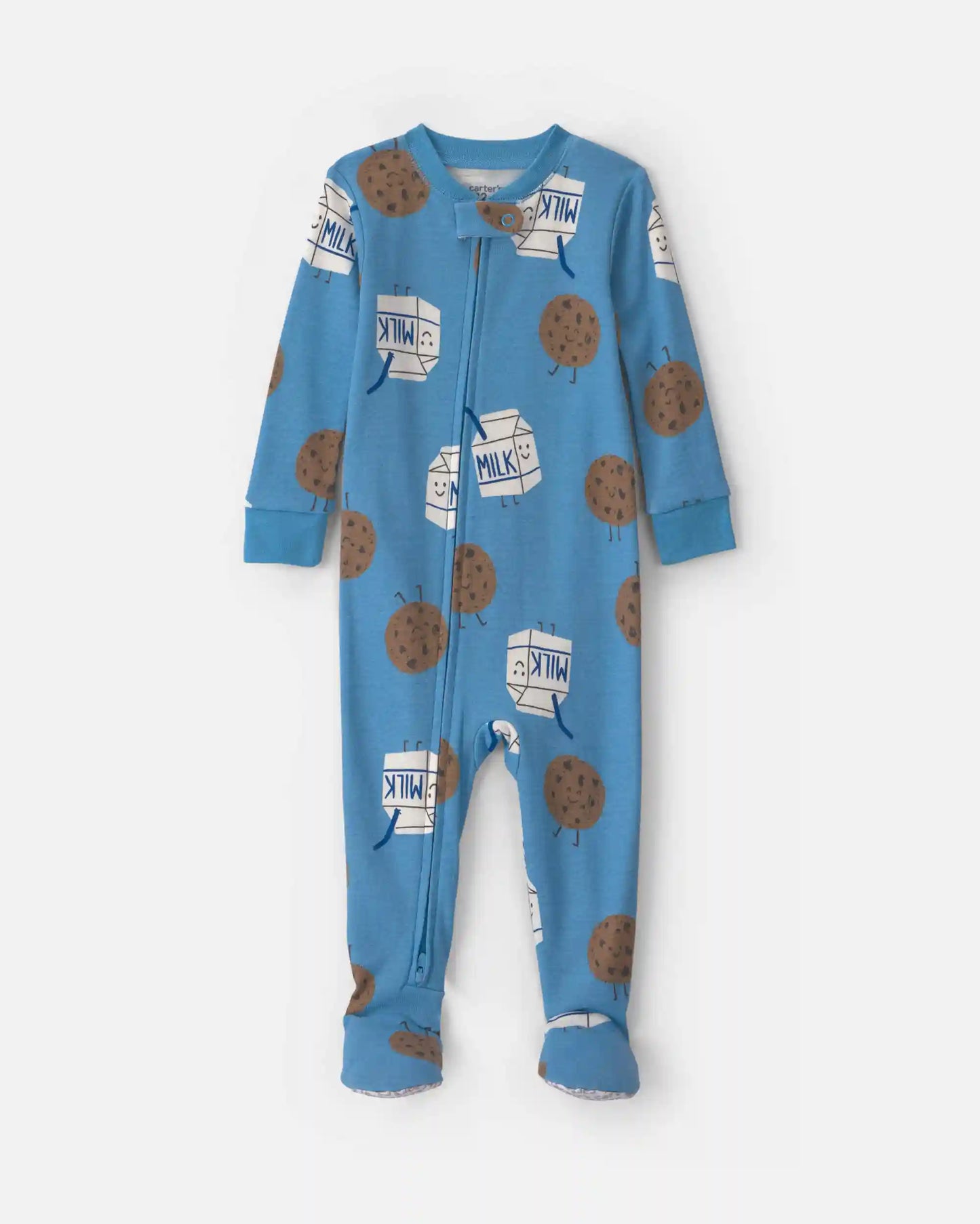 Baby Boy 1-Piece Milk & Cookies 2-Way Zip 100% Cotton Snug Fit Footed Pajama - Blue