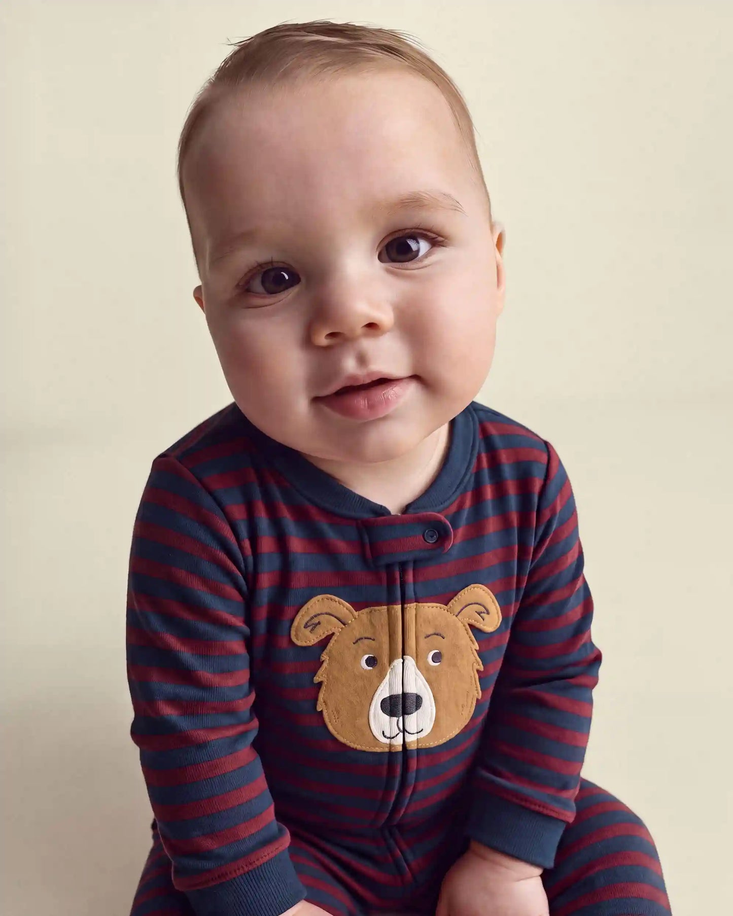 Baby Boy 1-Piece Dog Striped 2-Way Zip 100% Cotton Snug Fit Footed Pajama - Burgundy/Blue
