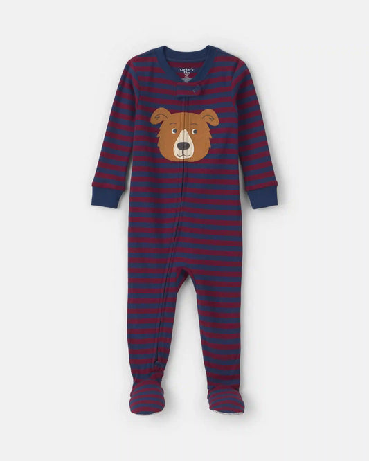 Baby Boy 1-Piece Dog Striped 2-Way Zip 100% Cotton Snug Fit Footed Pajama - Burgundy/Blue