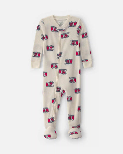 Baby Boy 1-Piece Firetrucks Thermal Snug Fit Footed Pajama - Cream