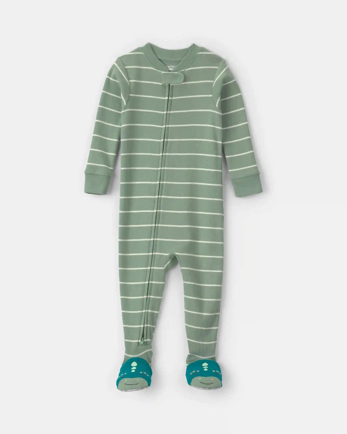 Baby Boy 1-Piece Dino Striped 2-Way Zip 100% Cotton Snug Fit Footed Pajama - Green