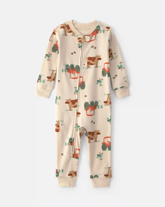 Baby Boy 1-Piece Farm 2-Way Zip 100% Cotton Snug Fit Pajama - Cream