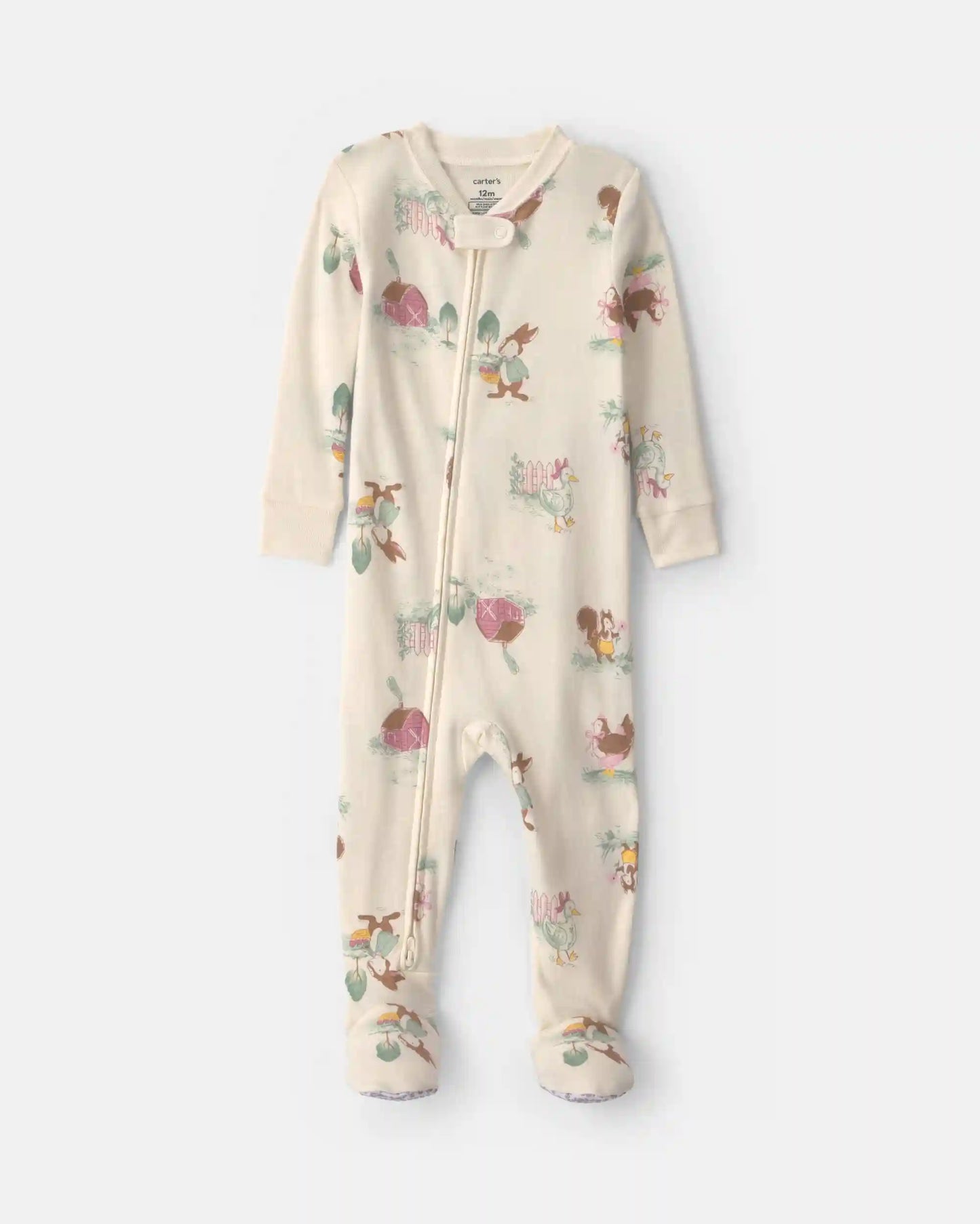 Baby Girl 1-Piece Country Farm 2-Way Zip 100% Cotton Snug Fit Footed Pajama - Cream