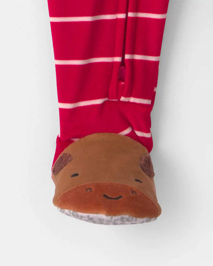 Baby Boy 1-Piece Moose Striped 2-Way Zip DreamPlush Snug Fit Footed Pajama - Red