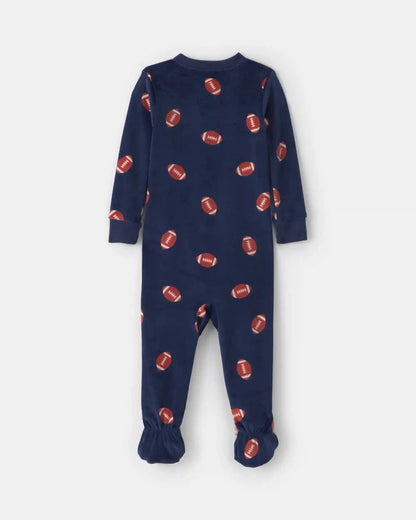 Baby Boy 1-Piece Football 2-Way Zip DreamPlush Snug Fit Footed Pajama - Navy Blue