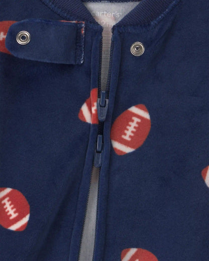 Baby Boy 1-Piece Football 2-Way Zip DreamPlush Snug Fit Footed Pajama - Navy Blue