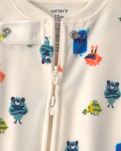Baby Boy 1-Piece Monster 2-Way Zip DreamPlush Snug Fit Footed Pajama - Cream