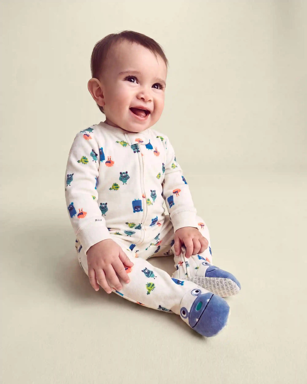 Baby Boy 1-Piece Monster 2-Way Zip DreamPlush Snug Fit Footed Pajama - Cream