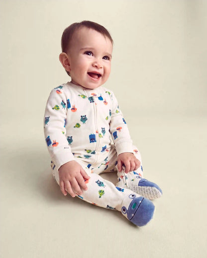 Baby Boy 1-Piece Monster 2-Way Zip DreamPlush Snug Fit Footed Pajama - Cream