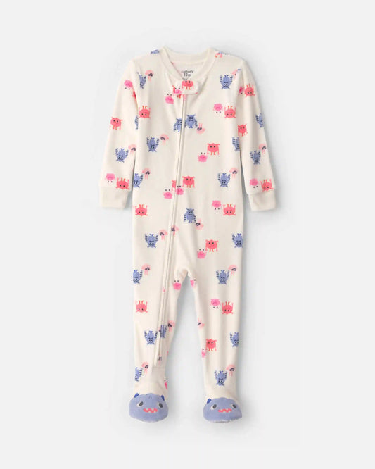 Baby Girl 1-Piece Monster 2-Way Zip DreamPlush Snug Fit Footed Pajama - Cream