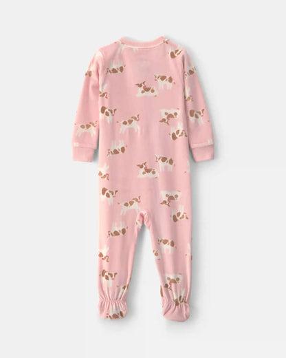 Baby Girl 1-Piece Cow 2-Way Zip DreamPlush Snug Fit Footed Pajama - Pink