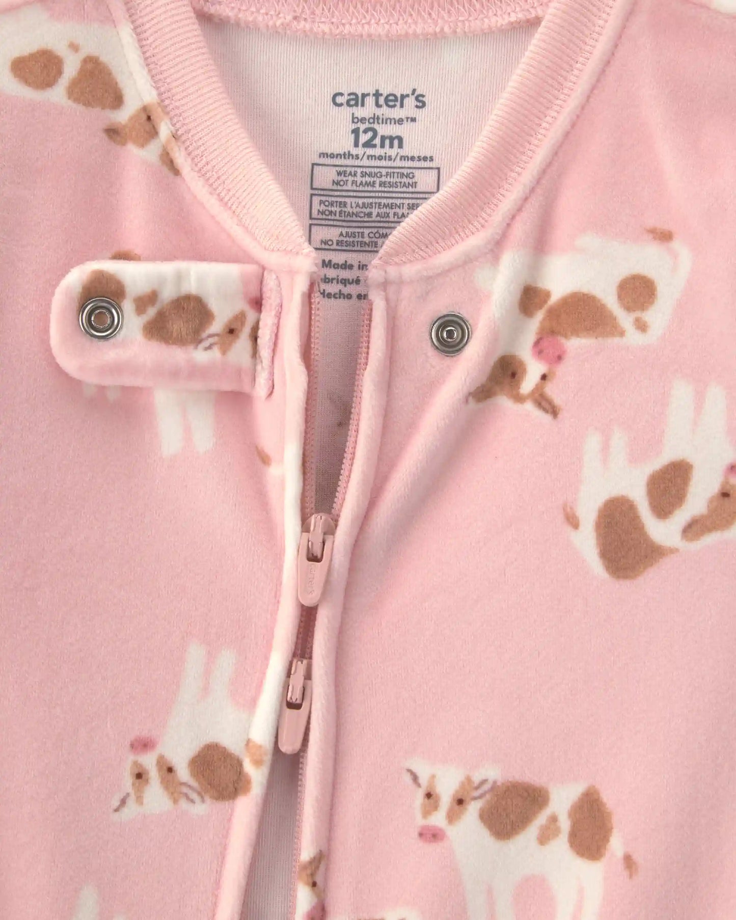 Baby Girl 1-Piece Cow 2-Way Zip DreamPlush Snug Fit Footed Pajama - Pink
