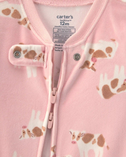 Baby Girl 1-Piece Cow 2-Way Zip DreamPlush Snug Fit Footed Pajama - Pink