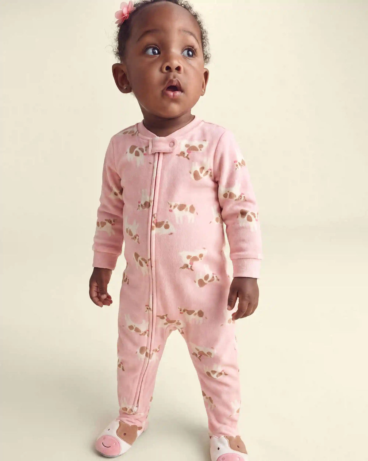Baby Girl 1-Piece Cow 2-Way Zip DreamPlush Snug Fit Footed Pajama - Pink