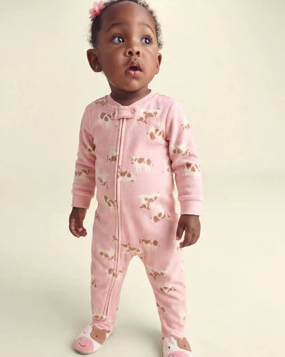 Baby Girl 1-Piece Cow 2-Way Zip DreamPlush Snug Fit Footed Pajama - Pink