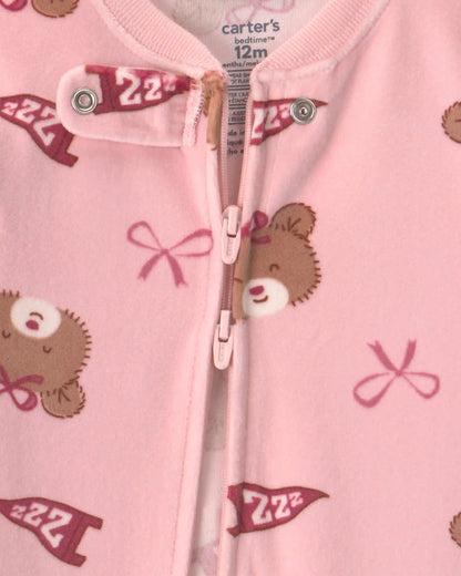 Baby Girl 1-Piece Bears & Bows 2-Way Zip DreamPlush Snug Fit Footed Pajama - Pink