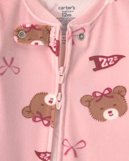 Baby Girl 1-Piece Bears & Bows 2-Way Zip DreamPlush Snug Fit Pajama - Pink