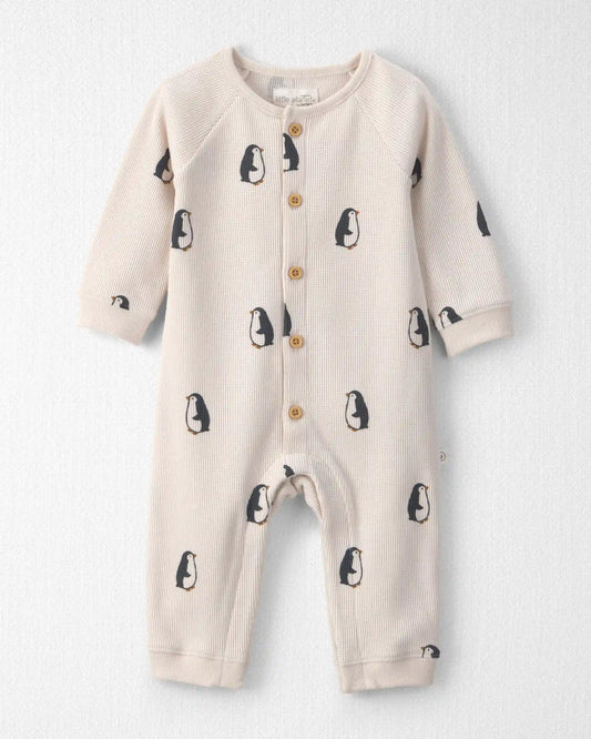 Baby Organic Cotton Waffle Knit Jumpsuit in Penguins