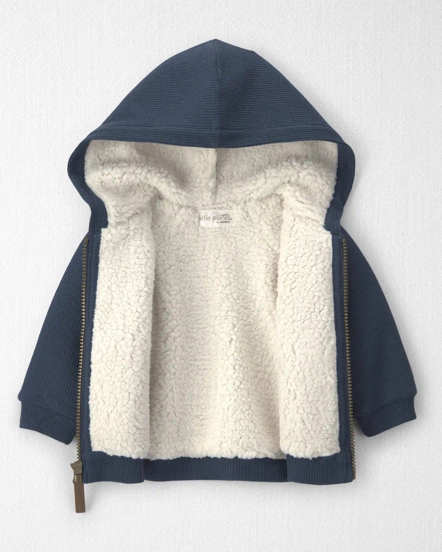 Baby Boy Recycled Teddy Fleece Waffle Knit Hooded Jacket Made with Organic Cotton