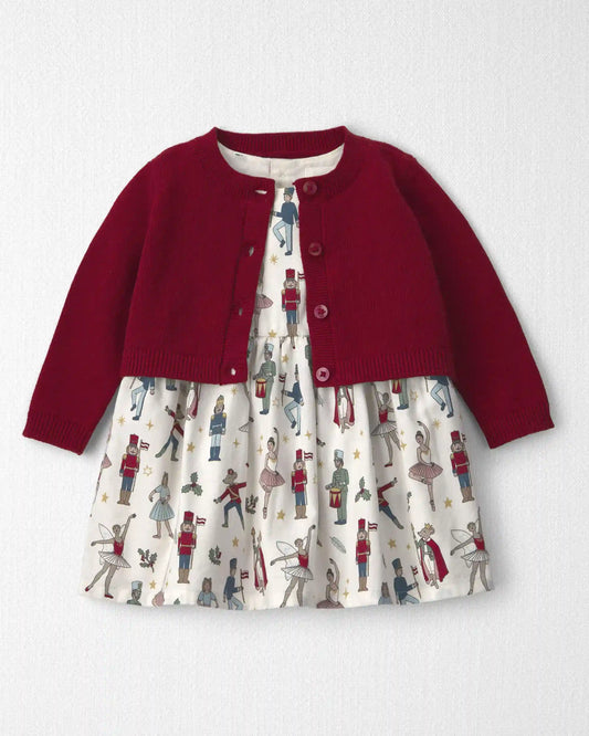 Baby Girl 2-Piece Organic Cotton Cardigan Dress Set in Nutcracker