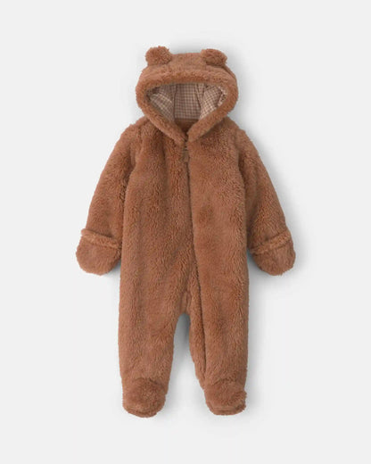 Baby Bear Teddy Fleece Long-Sleeve Jumpsuit - Brown