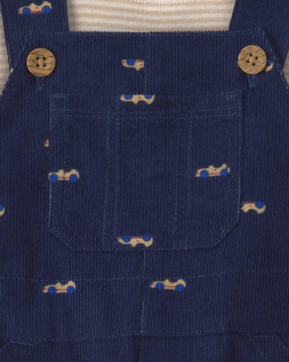 Baby Boy 2-Piece Car Corduroy Long-Sleeve Overall Set - Navy Blue/Cream