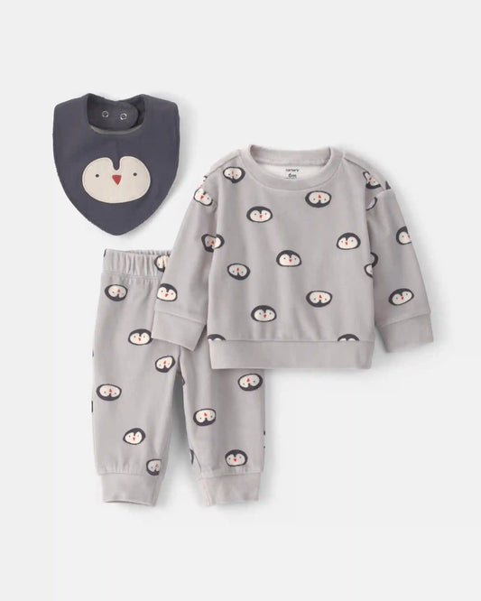 Baby Boy 3-Piece Penguin Long-Sleeve Top & Pant Set - Grey