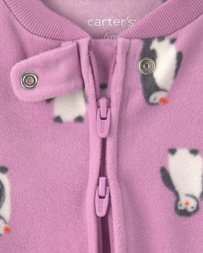 Baby Girl Penguin Fleece 2-Way Zip Sleep & Play Pajamas - Purple