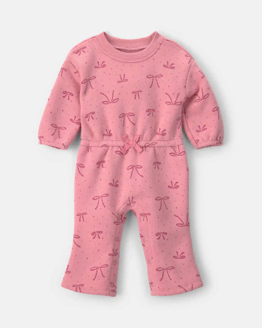 Baby Girl Bow Fleece Long-Sleeve Jumpsuit - Pink