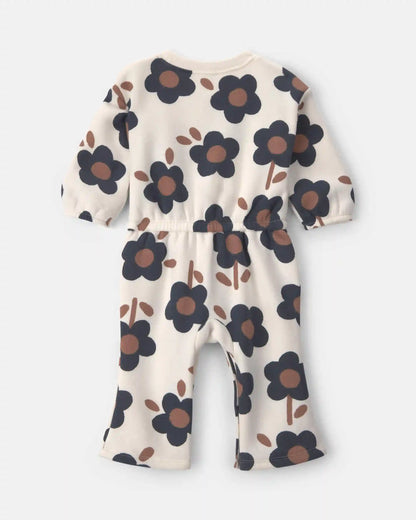 Baby Girl Floral Fleece Long-Sleeve Jumpsuit - Cream/Black/Brown