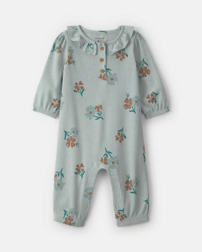 Baby Girl Floral Thermal Long-Sleeve Jumpsuit - Green